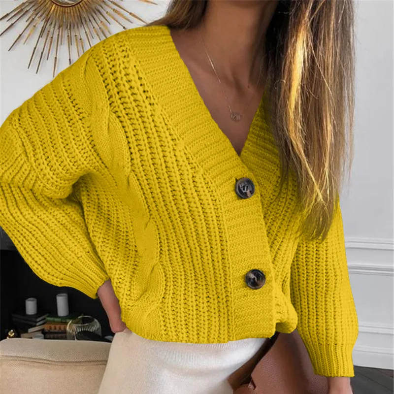 Fashion Yellow Knitted Sweater Women Autumn Casual Loose Lantern Sleeve Cardigan Sexy V-Neck Top Lady Winter Mujer 2020 |
