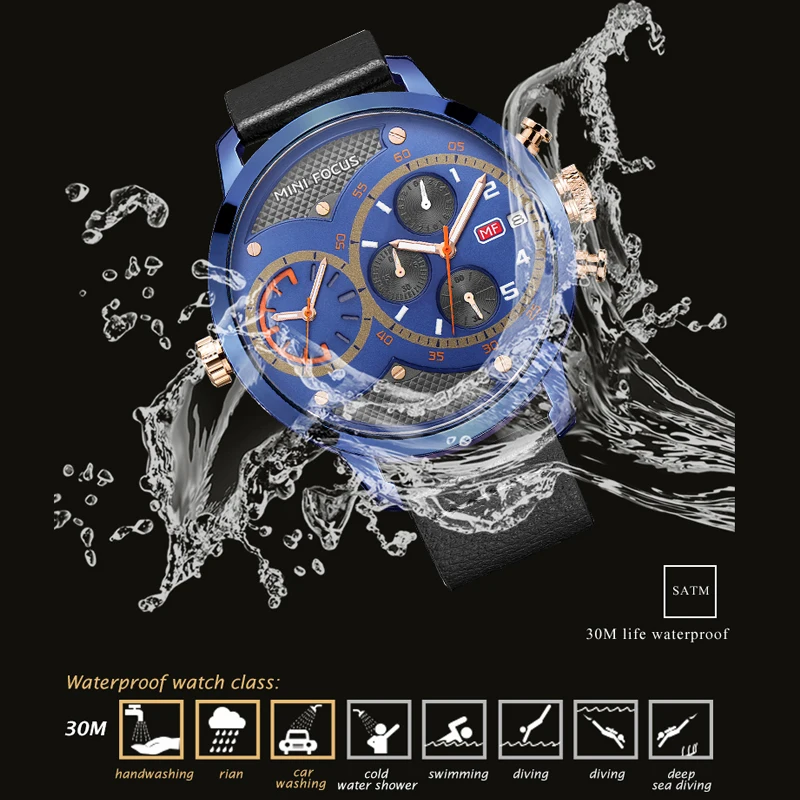 Мини фокус несколько часовых поясов кварцевые часы мужские кожаные повседневные