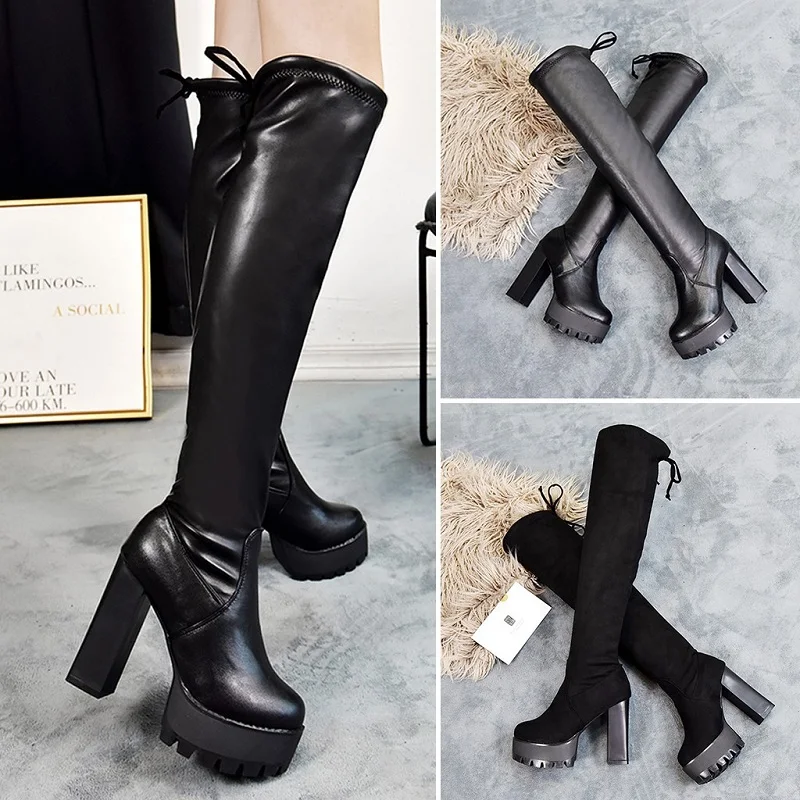 

Autumn and winter plus velvet warm boots PU leather cross straps metal buckle fashion platform women's boots.