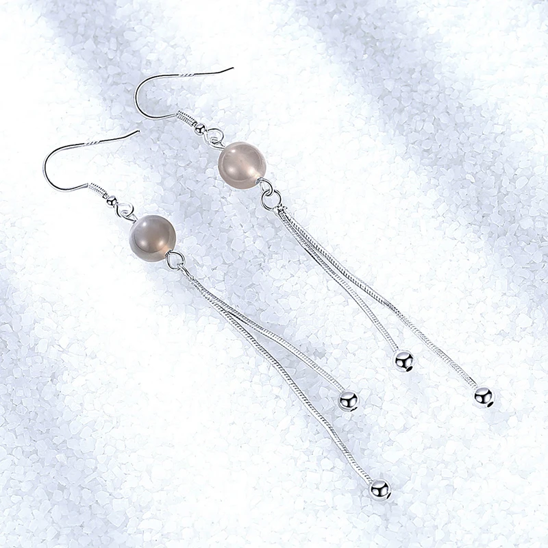 

New Fashion Charming Long Drop Earrings With Chain Tassel Pendants Gray Opal Stone Elegant Dangle Earring Piercing Accessories