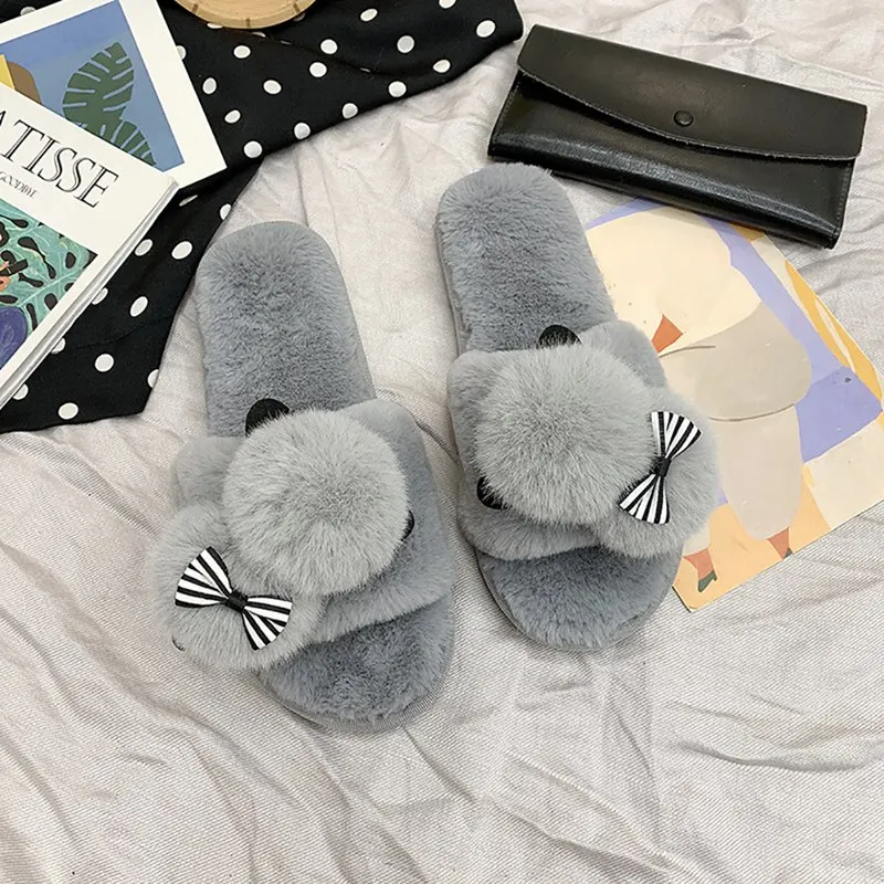 

Women Home Slippers Winter Cotton Hair Slipper Plush Ball Decor Slip-on Flat Keep Warm Anti-slip Home Slippers