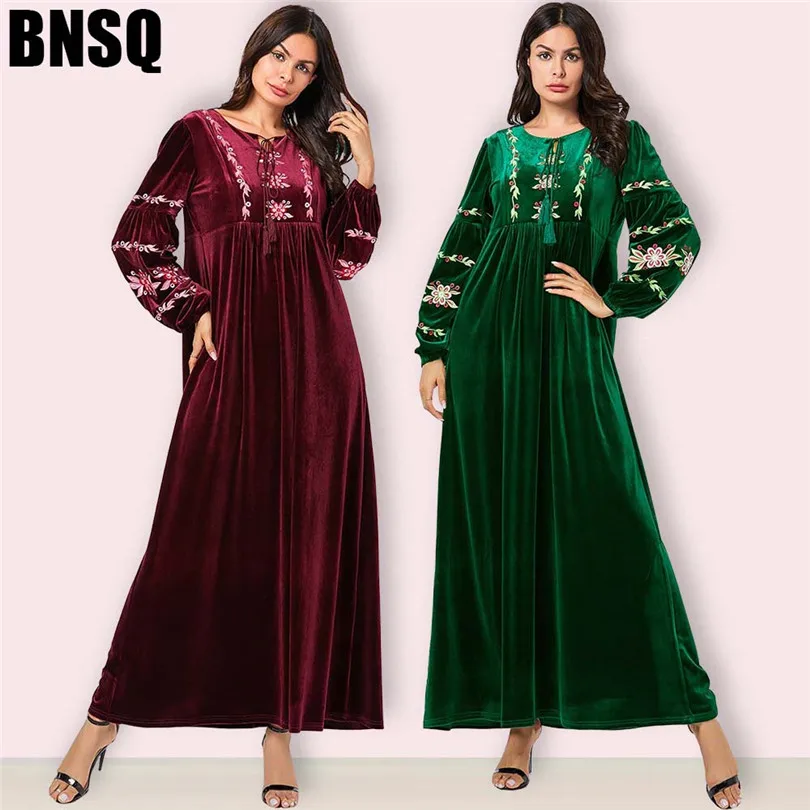 Арабское золото бархат вышитые абайя Зима красное вино зеленый мусульманское