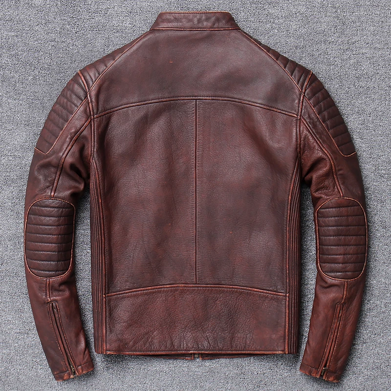 

Brown 2020 Vintage Men Stand Collar Motorcycle Leather Jacket Plus Size 3XL Genuine Cowhide Slim Fit Biker's Coat FREE SHIPPING