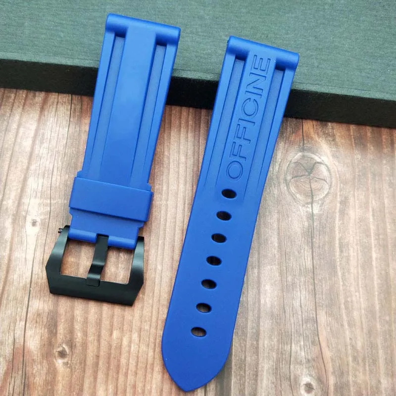24blue BLK 24 мм 26 мм черный белый оранжевый Камуфляж красный синий зеленый серый мягкий водостойкий резиновый ремешок для часов для panerai ремень, булавка, пряжка бесплатный инструмент - Цвет ремешка: 24blue BLK