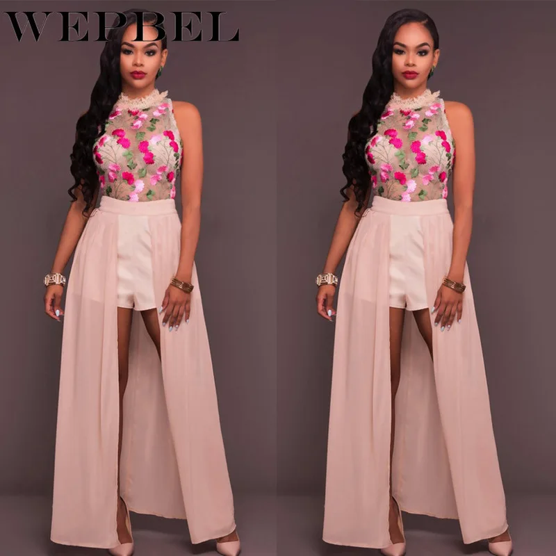

WEPBEL Women Elegant Sleeveless Lace Mesh Patchwork Playsuit Casual Ladies Sexy See Through Print Jumpsuit Romper