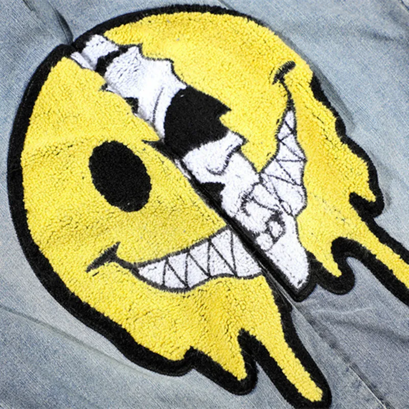 2022 Smiley Face Embroidery Hole Ripped Retro Men Hip Hop Slim Jeans Trousers Punk Male Denim Pants New Fashion Pantalon Homme