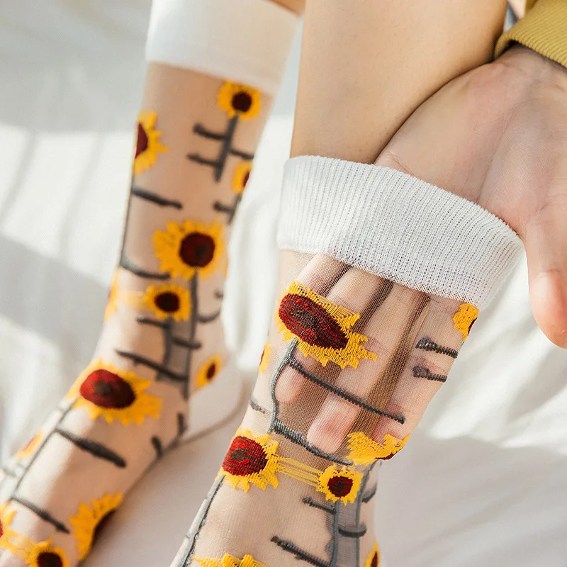 

Summer French Style Pearl Crystal Silk Stockings Ladies In Tube Glass Stockings Flower Art Breathable Anti-Friction
