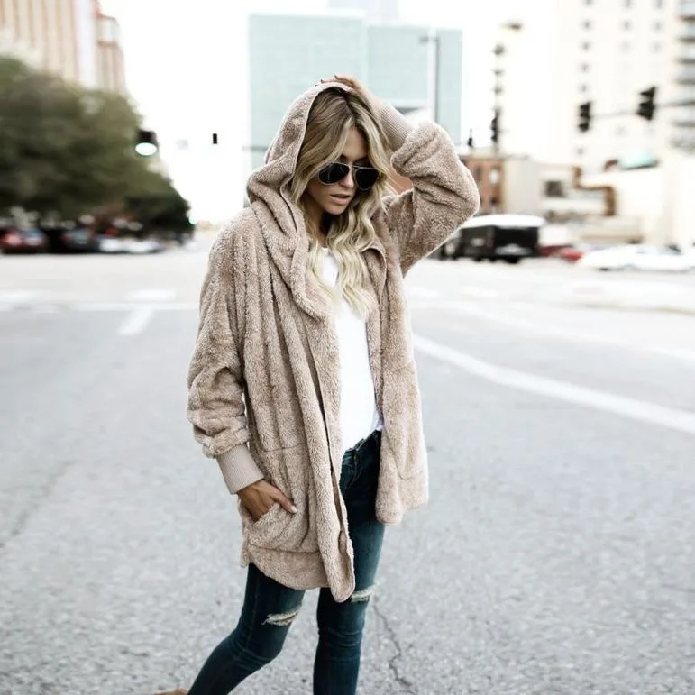 Faux Fur Coat Women 2020 Autumn Winter Warm Soft Long Fur Jacket Outwear Plush Overcoat Pocket Buttonless Cardigan with hood