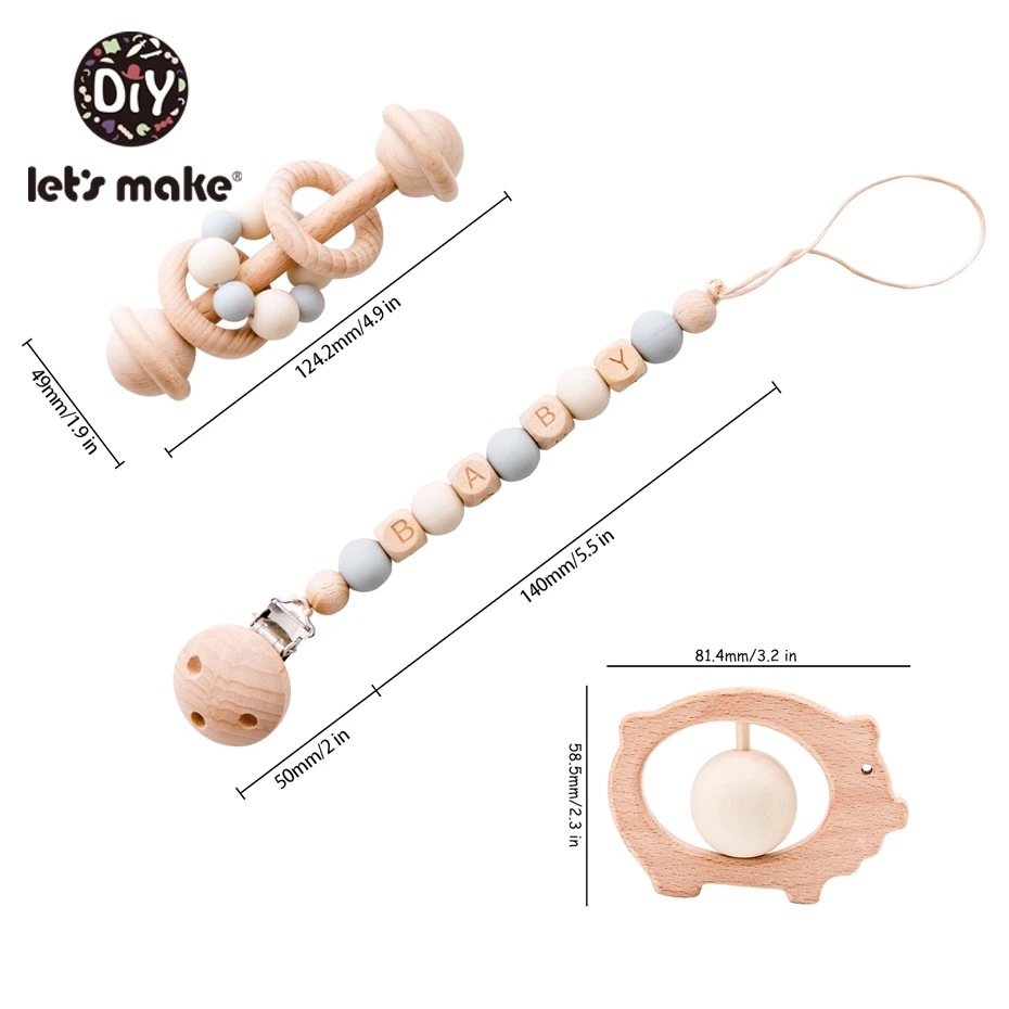 Let's Make 3pc/set Baby Pacifier Chain Holder Foer Nipples Beech Wood Baby Rattle Crib Mobiles Stroller Accessories Baby Toys - Цвет: 1