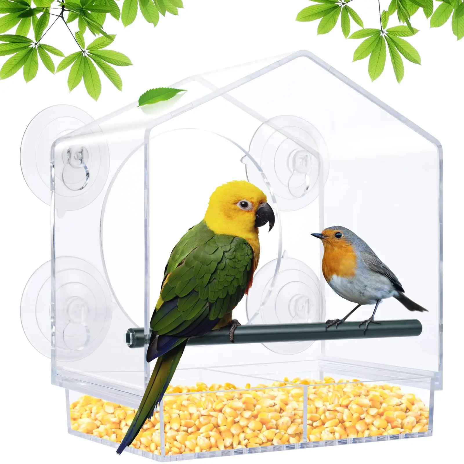 Clear Acrylic Bird Feeder With Suction Cup For Garden Yard Outside Decoration Removable Sliding Tray