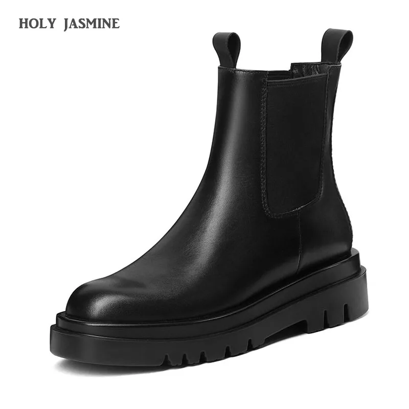 

Genuine Leather Women Ankle Boots High Platform Round Toe Woman Boots Slip-On Autumn Motorcycle Boots High Heels Shoes Women