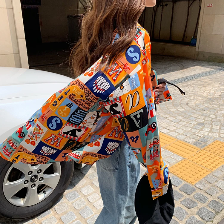 

Big size vintage dress flower shirt woman retro Hong Kong cartoon print fat MM loose casual coat spring and autumn coat