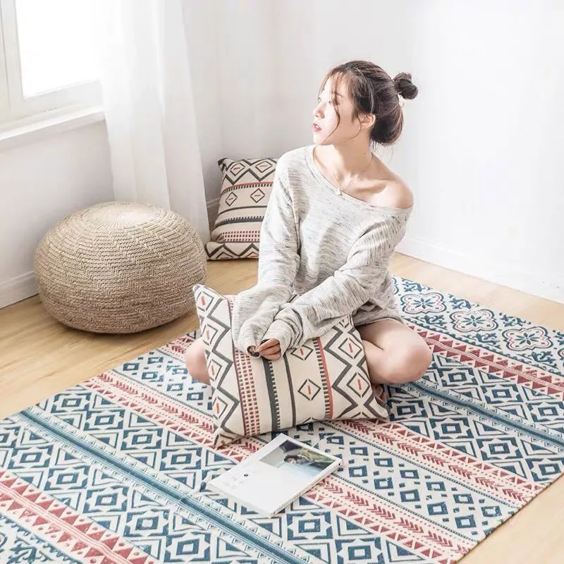

Nordic Geometric Cotton and Linen Woven Carpet Floor Mat Door Bedroom Tapestry Decorative Blanket Tea Living Room area rug