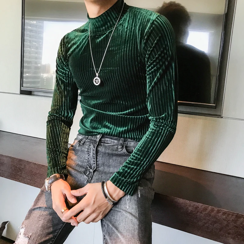 

3 Colors Turtle Neck Velour Under Long Sleeve Autumn Winter Royal Slim Fit Men Club Outfits Tshirt Homme