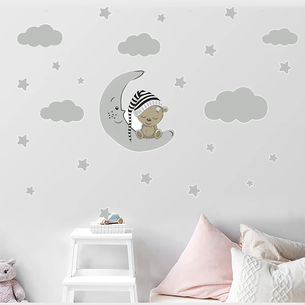 

Cute Bear on Moon Wall Stickers for Children Kids Rooms Bedroom Wall Decor Removable Vinyl PVC Decals Murals Home Decor