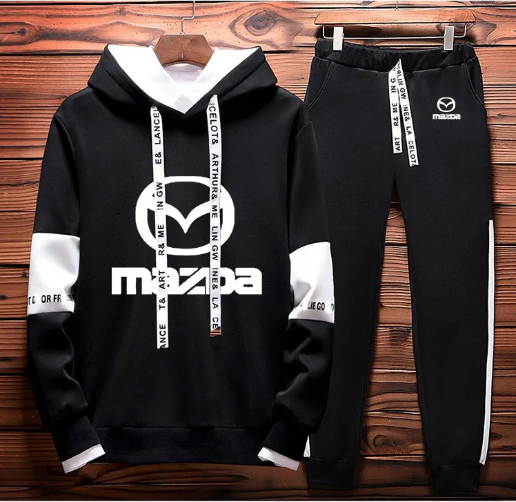 

Mens Hoodies sweatshirt Mazda Car Logo Printed Spring Autumn Hoodies Pants 2Pcs Sporting suit Fleece Warm Thick sportwear