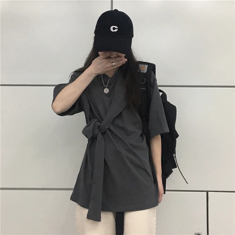 

Korean style ins Simple solid o-neck tie short sleeve t-shirts Women's Clothing Tees Female casual summer new ladies tops