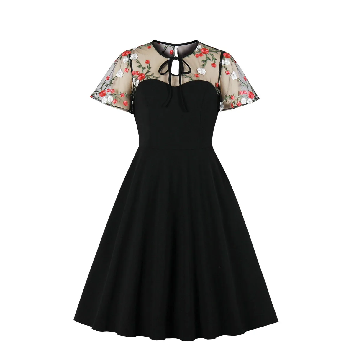 

2021 Vintage Dress for Women Mid-calf Gothic Dress Elegant Black Vintage Prom Dress Embroidery Gauze Splicing Butterfly Sleeve