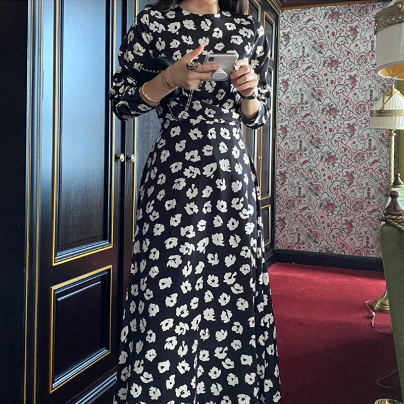 

RUGOD 2021 Temperament floral print elegant ankle-length dress retro outgoing chic streetwear spring outgoing dress 2021 spring