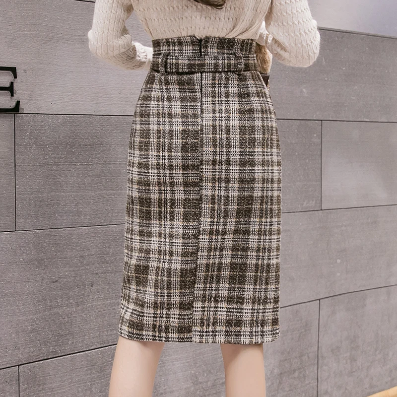 REALEFT осень-зима 2019 новые Юбки миди с высокой талией винтажные Клетчатые Шерстяные