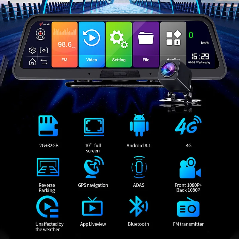 10 дюймовый сенсорный Экран Dash Cam Android 8 1 4G 1080P 3 в Видеорегистраторы для автомобилей