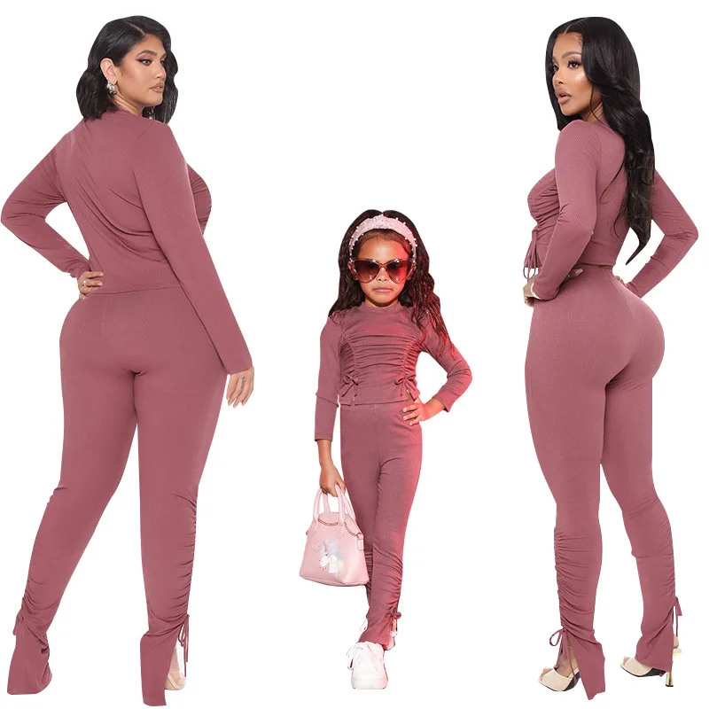 

2PCS Mum and Daugther Clothes Set Solid Long Sleeve Shirring Top Full Length Pencil Pants Women Girl Kid Matching Family Outfits