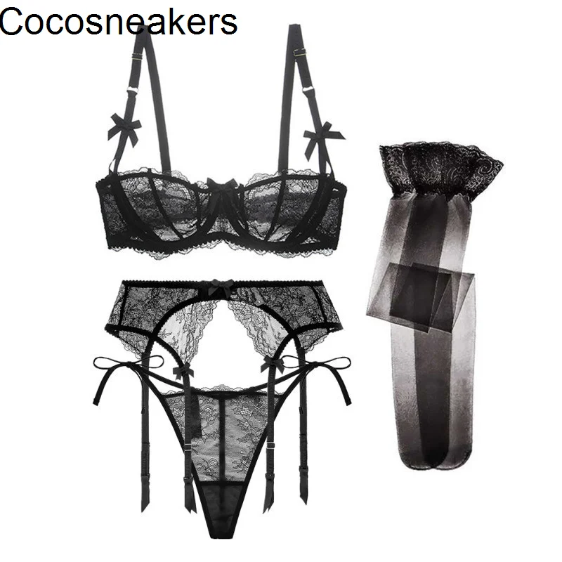 

lace cup bra transparent perspective underwear thong 4-piece suit Garter silk stockings