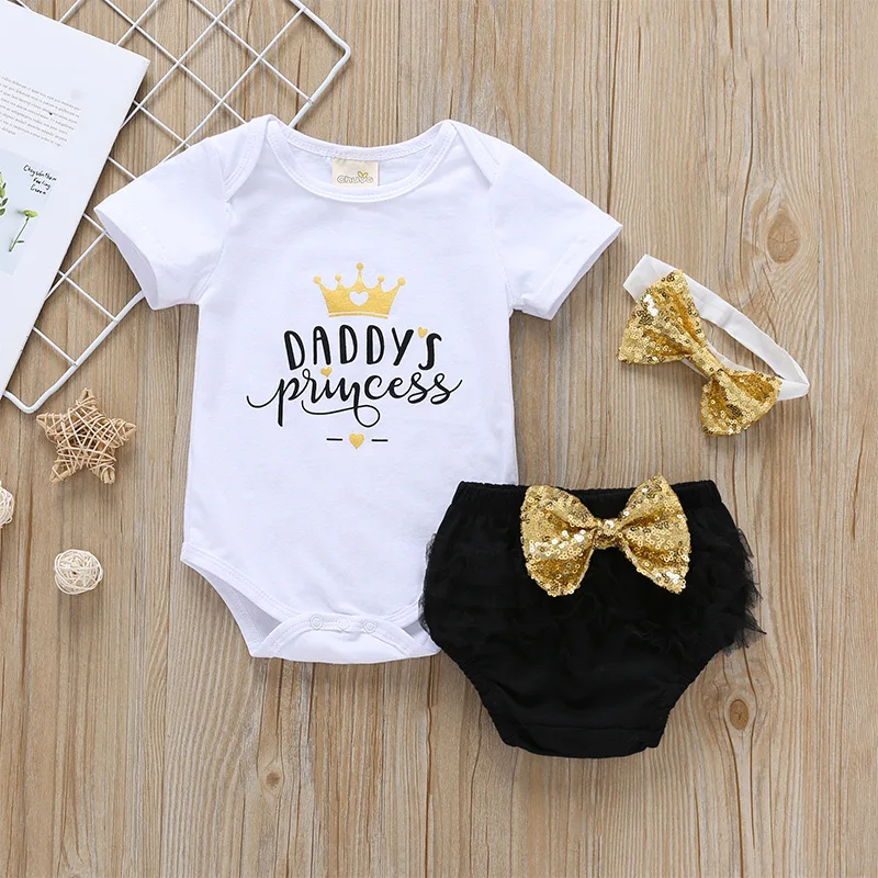

New Summer Children's European and American Babies and Toddlers Bow Tie Girls Short-sleeved Romper Kids Three-piece Suit XB63