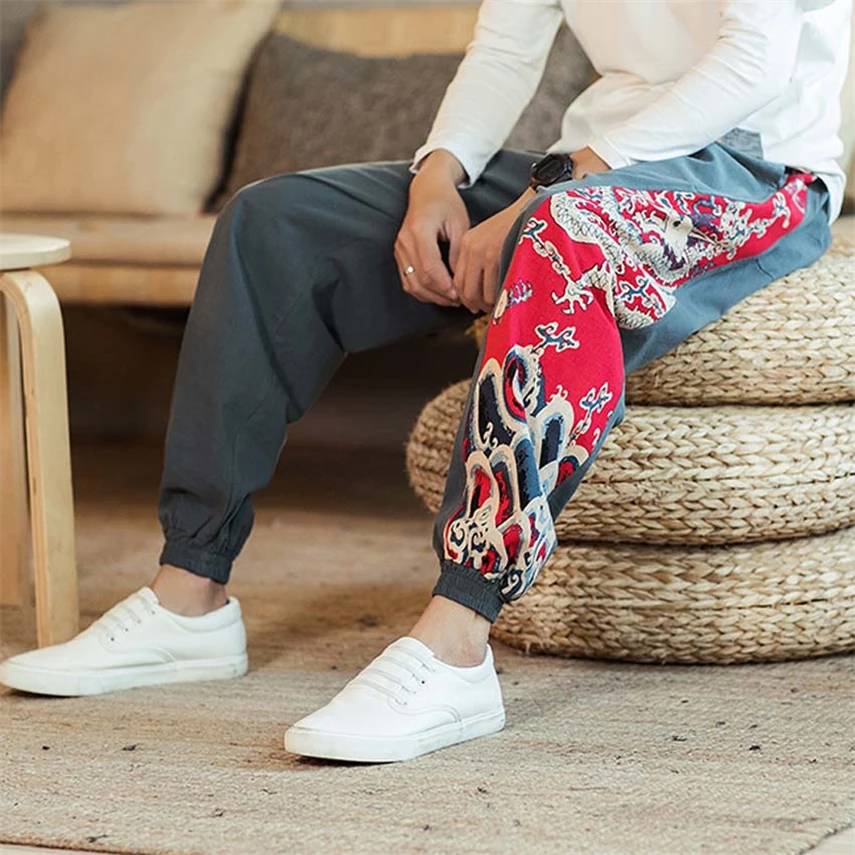 Мужские брюки в японском стиле Харадзюку Модные Винтажные султанки с драконом