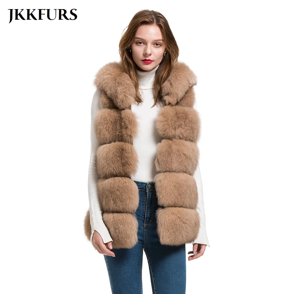 JKKFURS 2021 новый жилет с капюшоном из натурального Лисьего меха женский зимний