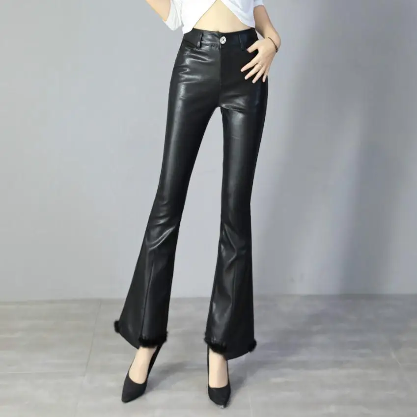 

Брюки-клеш Женские из искусственной кожи, с высокой талией, весенние, 2020