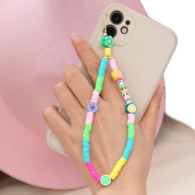 2021 new mobile phone strap lanyard colorful smile pearl soft pottery rope for cell phone case hanging cord for women free global shipping