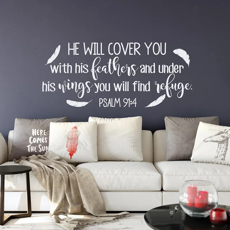 

He Will Cover You Quotes Wall Stickers Religious Bible Verse Psalm 91-4 Vinyl Home Decor Living Room Bedroom Feather Decals S475