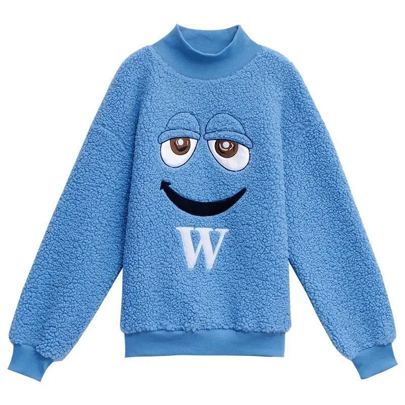 

Warm autumn and winter new hat-free lamb velvet women cartoon embroidery fashion Korean high neck long sleeve coat women