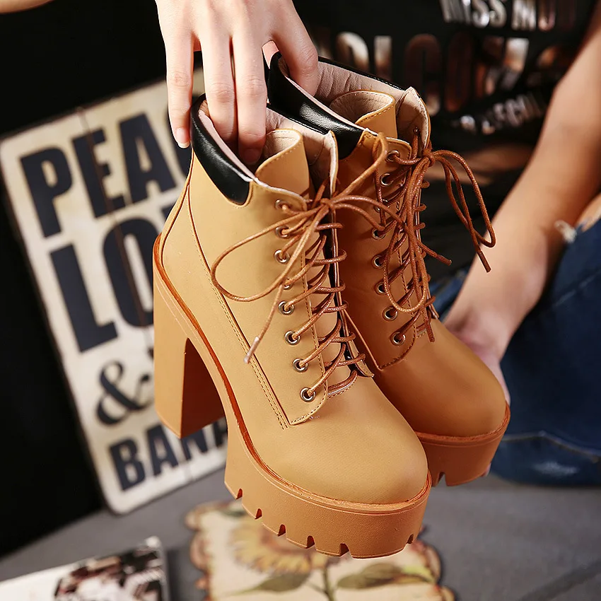 

Fall winter 2021 new fashion versatile thick heel short boots thick soled boots waterproof platform lace up slope heel