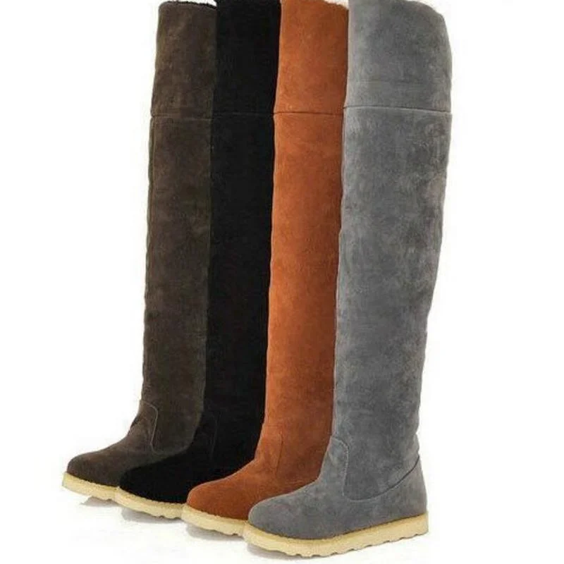 

Женские ботфорты на плоской подошве, теплые сапоги до бедра с мехом, повседневная обувь без застежки, большой размер 34-43, для зимы