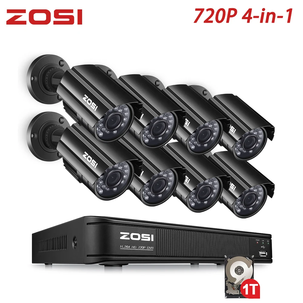 ZOSI 720P 8-канальный сетевой видеорегистратор CVBS AHD TVI CVI 4-в-1 CCTV Системы DVR 1MP массивная пуля, открытая видео ночного видения Системы видеонаблюдения DVR комплект HDD