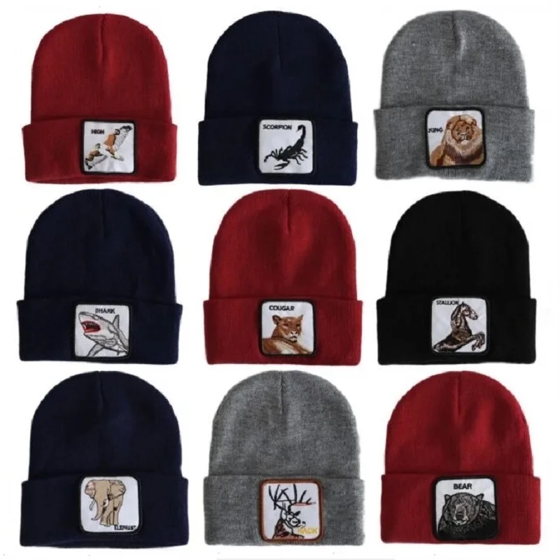 

2021 New Fashion Tide Patch Embroidery Elephant Tiger Wolf Animals Winter Knit Hat Knitted Cap Hip Hop Slouchy Skullies Beanies
