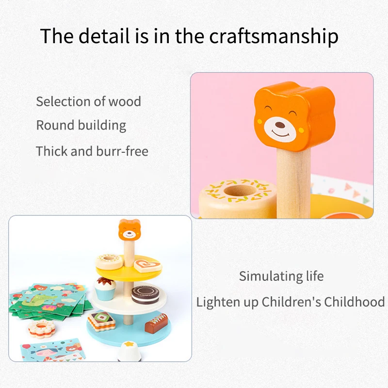 

2021 Newest Play Kitchen Food Wooden Birthday Cake Stand Macaron Early Educational Kids Beneficial For Children Toy Best Gift