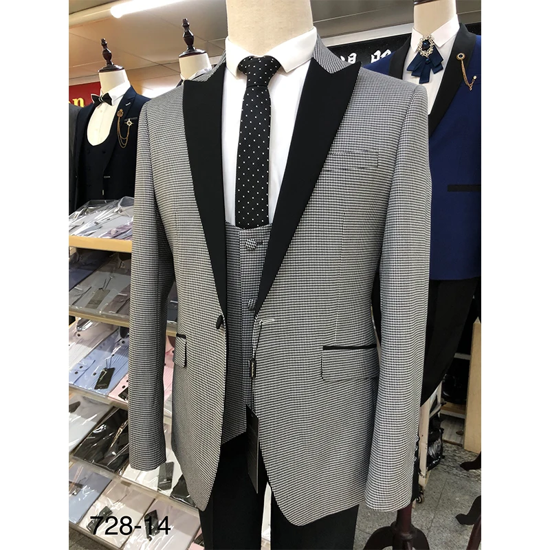 

Fashion Made Houndstooth Mens Suit Tailored Dresses Custom Black Weave Hounds Tooth Check Wedding Men Suits Blazer+ Pants + Vest