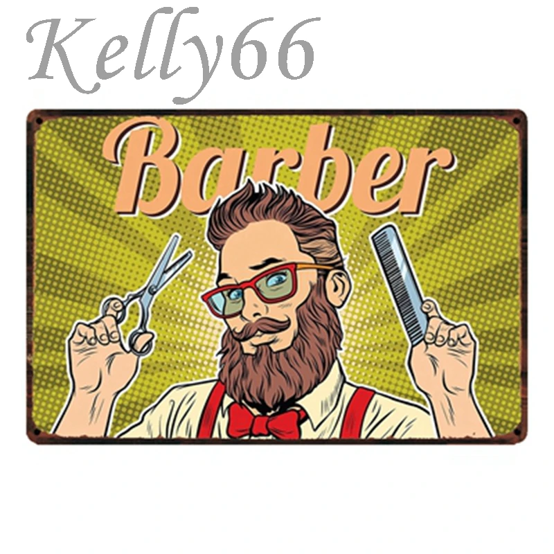 [Kelly66] Парикмахерская Оловянная вывеска для стрижки волос и бритья металлический