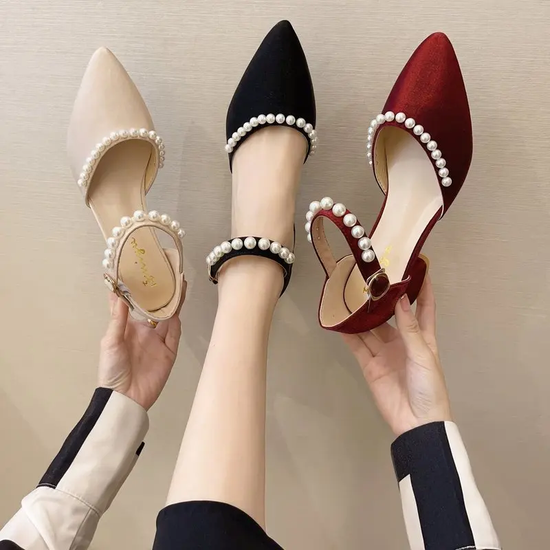 

Med Beige Heeled Sandals Spring Shoes 2021 Women's Medium Black Closed Clear Girls Comfort Fashion Pointed New Pearl Low Block S