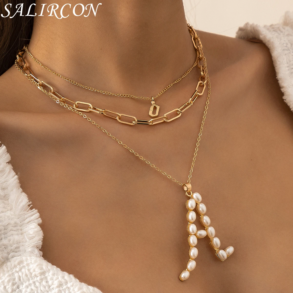 

Hot Sale Simulated pearls Letter Geometric Pendant Necklace for Women Fashion Multilayer Choker Neck Exquisite Chains Jewelry