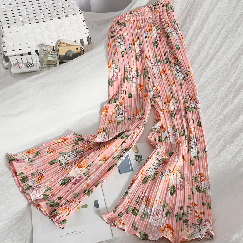 

Summer two piece puff sleeve V-neck tie shirt top with pleated casual pants wide leg trousers floral vintage two-piece female
