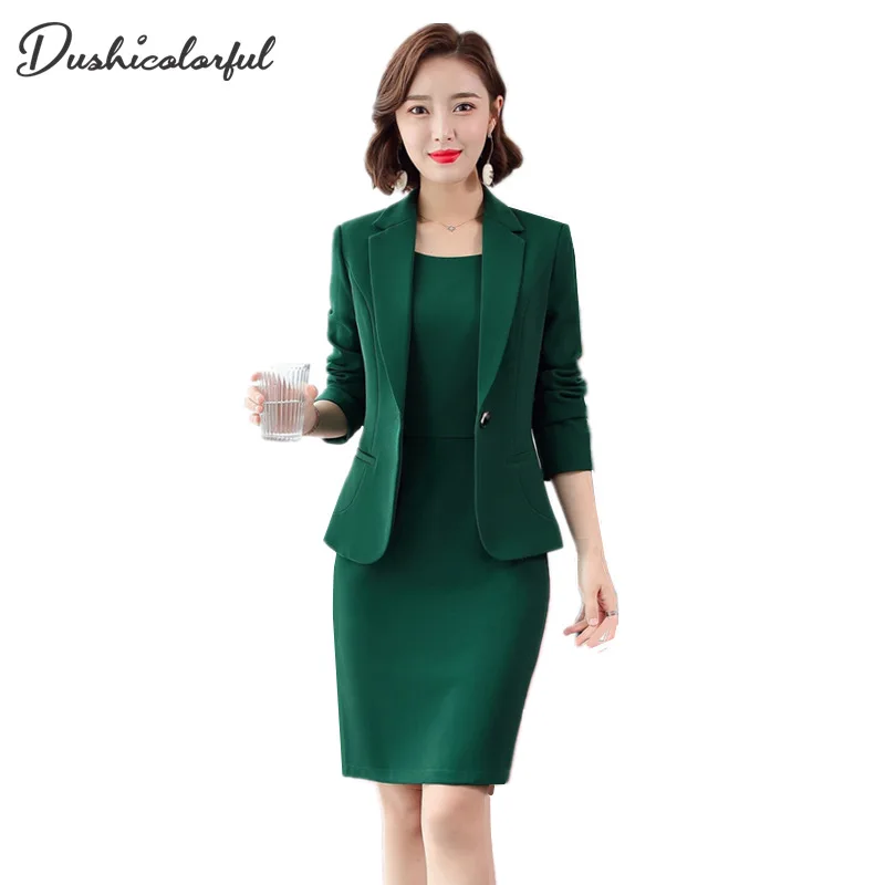 

2 Piece Set Blazer Dress Suits Ladies Office Wear Full Sleeve Slim Blazer Sleeveless Dress Green Formal Dress Suit Woman