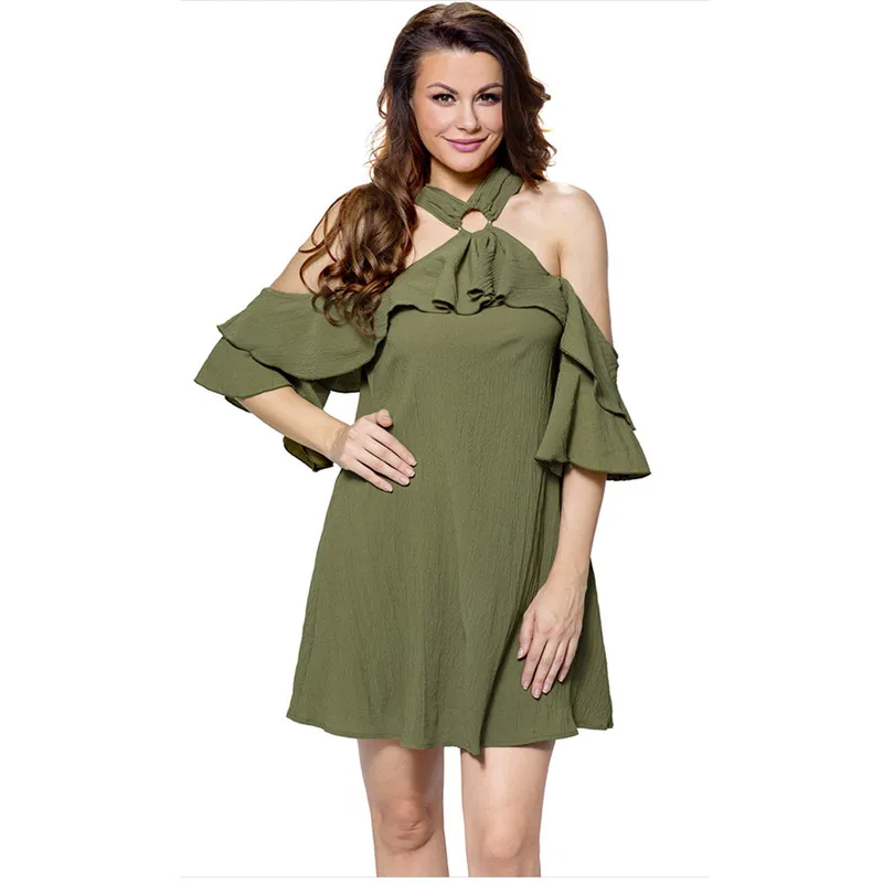 

2022 Summer New lovely Style A-line Loose Dress Women Off Shoulder Halter Neck Adorable Sexy O Ring Detail Ruffle Beach