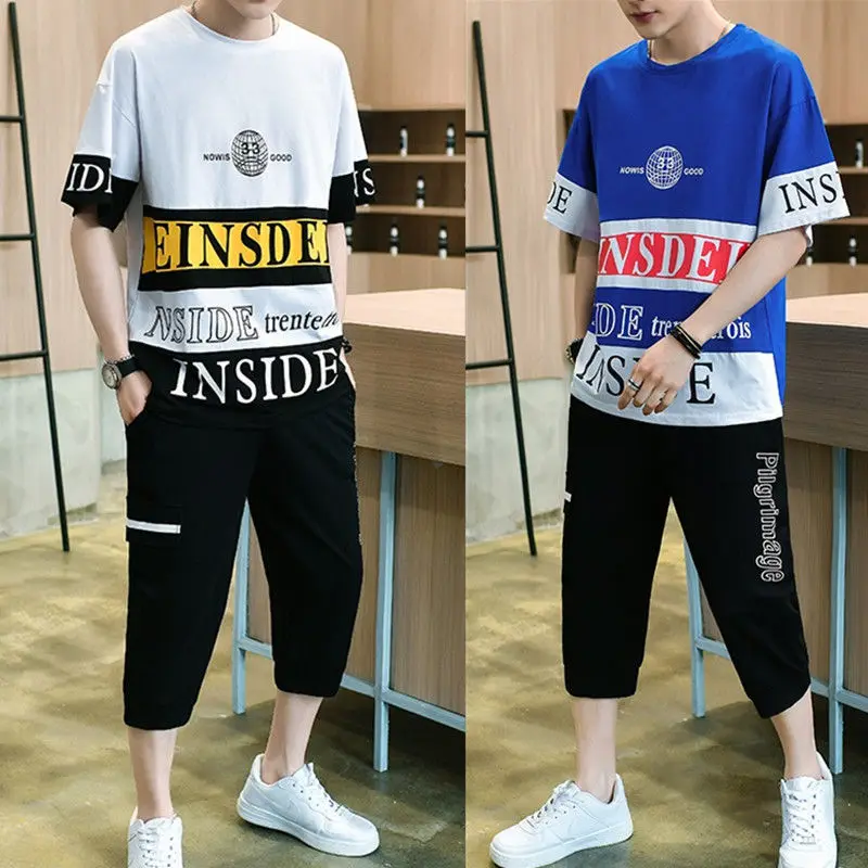 

Summer short sleeve T-shirt suit for boys' sports and leisure, Korean fashion and handsome Capris for teenagers