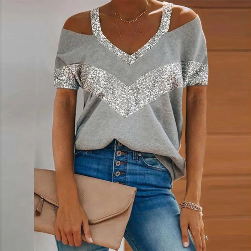 

Elegant Sequin Cold Shoulder Strap T Shirt Women Casual Short Sleeve Tee 2021 Summer Fashion Loose V-neck Ladies Tops Streetwear
