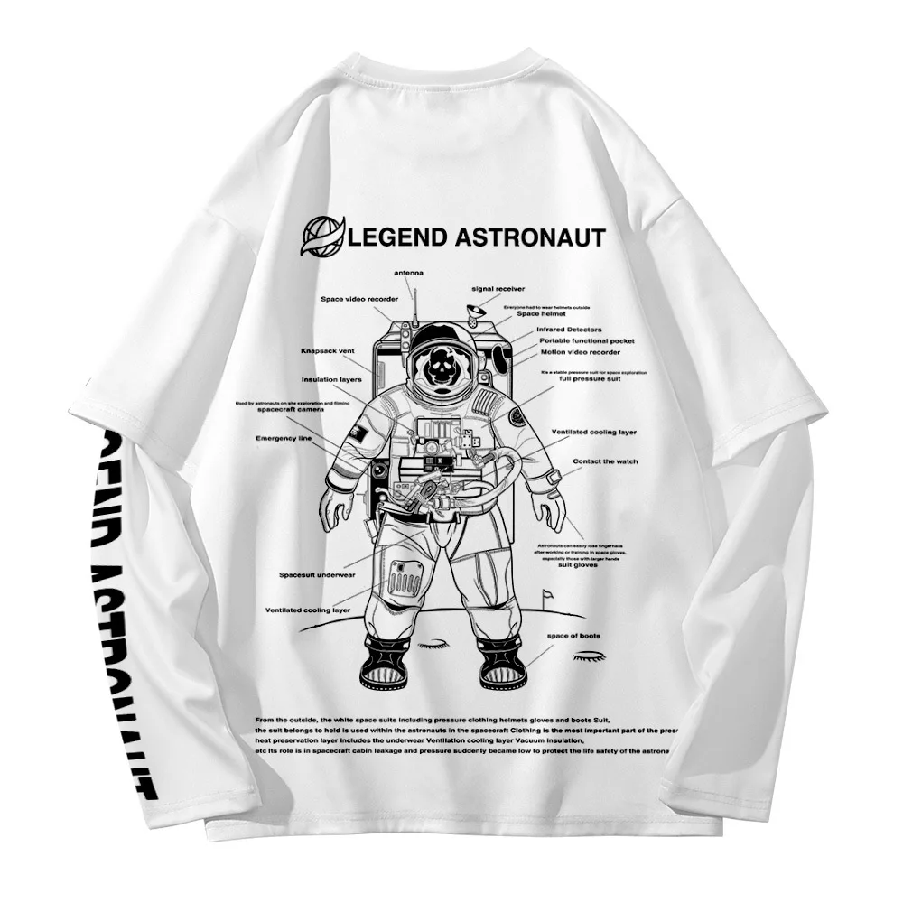 

Fake Two Pieces T shirt Streetwear Man Long Sleeve O Neck Tops Tees Casual Loose Hip Hop White Astronuat Print T shirt