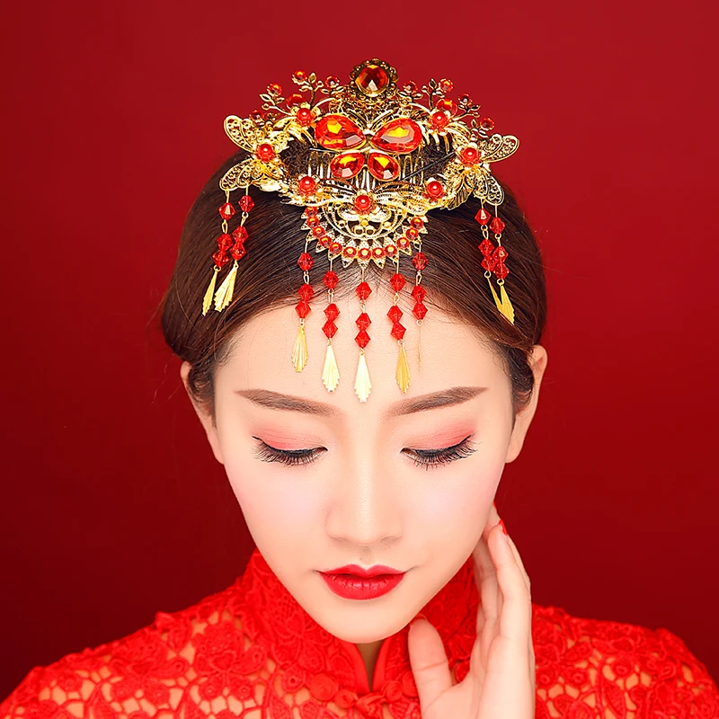 Женские свадебные аксессуары для волос в китайском стиле красные Кристальные